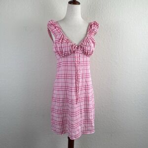Wayf S Dress Sheath Puff Sleeve Pink Plaid Cottage Coquette Milkmaid Bust Mini